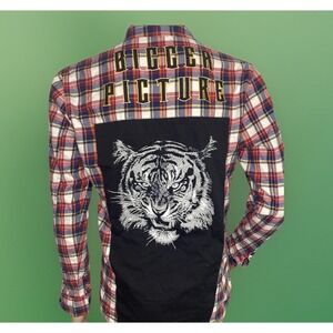 Nana Judy Shirt Button Front Long Sleeve Graphic Tiger Bigger Picture Plaid Sz S